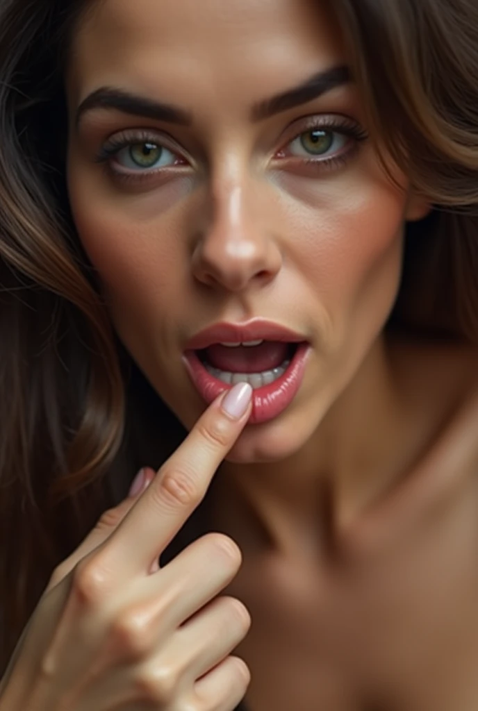 Woman inserting her finger into her vagina, where you can see the vagina, and with the face of Penelope Cruz