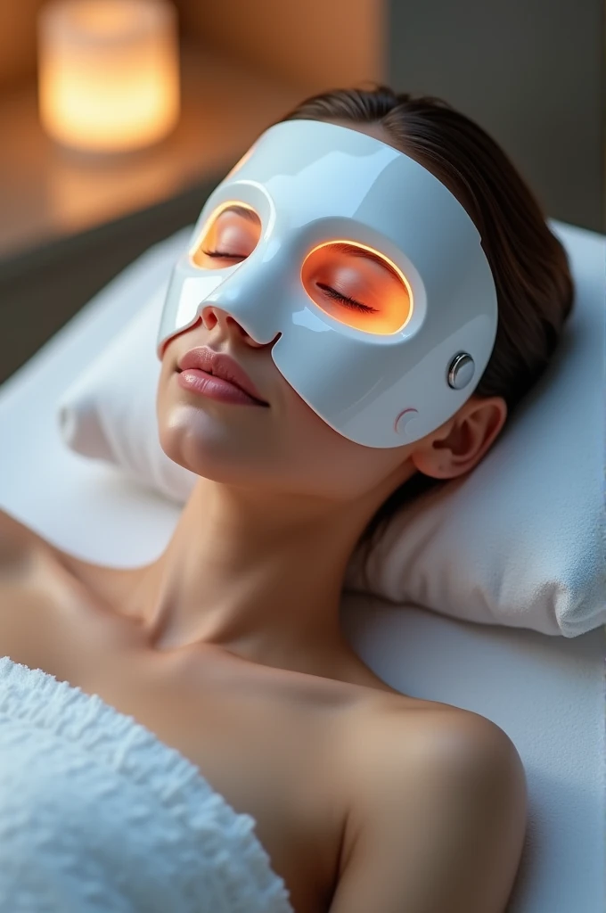 Create an image of a woman having a facial cleansing with the text; exfoliation, Deep cleaning, 3d led mask