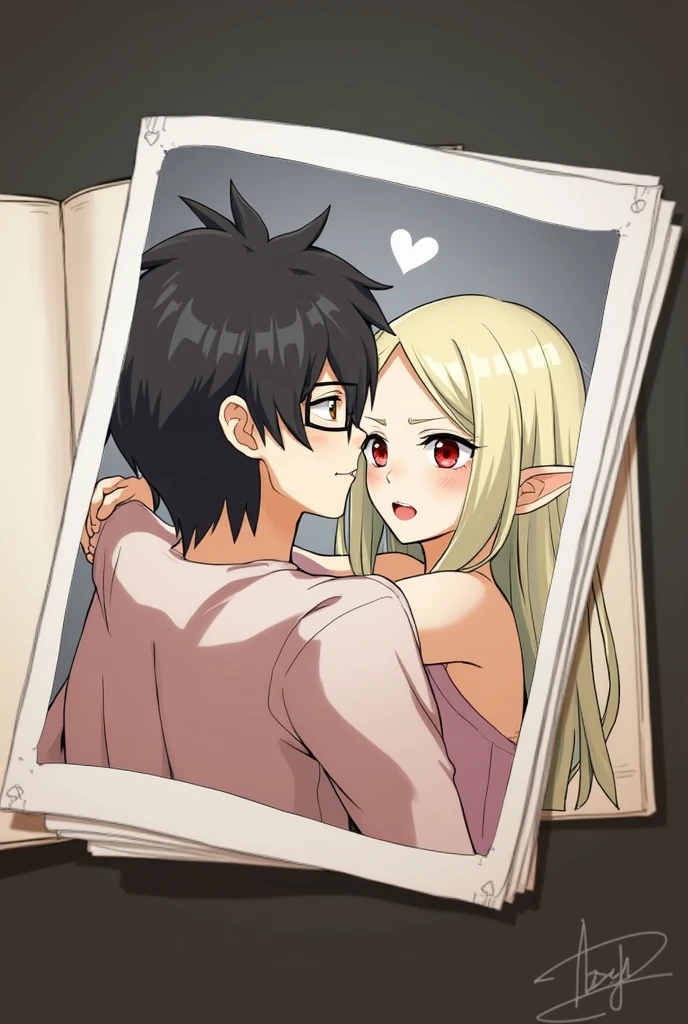 A beautiful necromancer mature girl and a handsome young boy, Black short disshalve hair with Brown eyes and glasses, romantic couple in love, blonde long-haired girl, big red eyes, elf ear with a red-colored earring not in her left ear, wearing long shirt without pants, in a room setting, masterpiece, best quality, absurdly high resolution