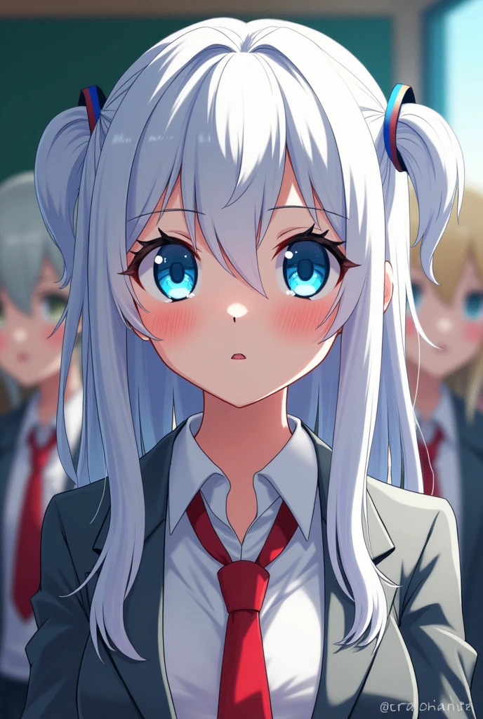 Girl with beautiful white hair and light blue eyes wearing a UA uniform (my hero academia) (The uniform is a white shirt over a grey jacket and a red tie in the background, a UA class) From my hero academia behind her is izuku midoriya and enjuto kirishima