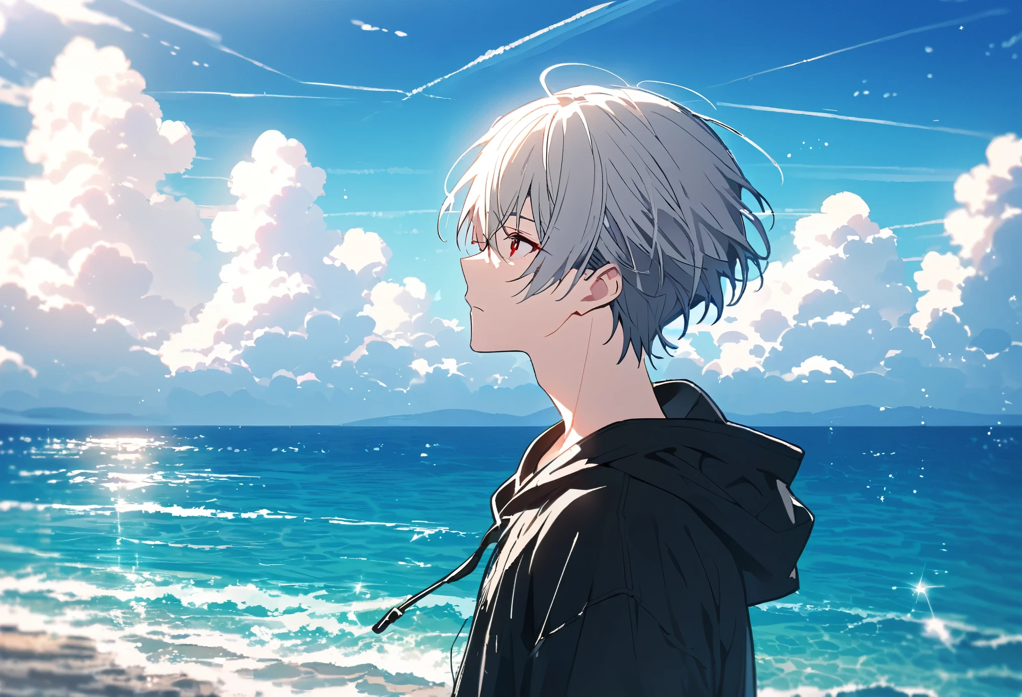 good looking, alone, 1 male, Gray Hair, Red eyes, Black Shirt, Black and white hooded, noon, White Light,cute目,Short hairstyle,cute,Falling from the sky,綺麗なsummerの空,Lots of white clouds,summer,Ocean,Glittering scenery,bright,Blue sky