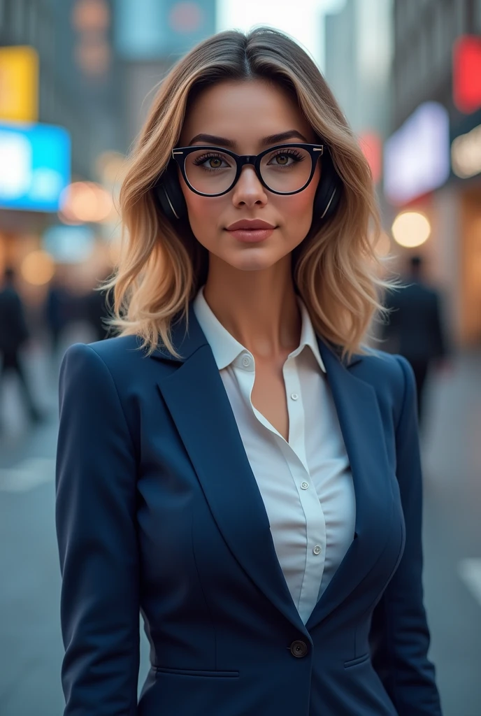 Woman,customer service representative , with business attire with blue detail,brown hair with blonde highlights to the shoulder, Brown eyes ,black cat eye glasses,background with business buildings
