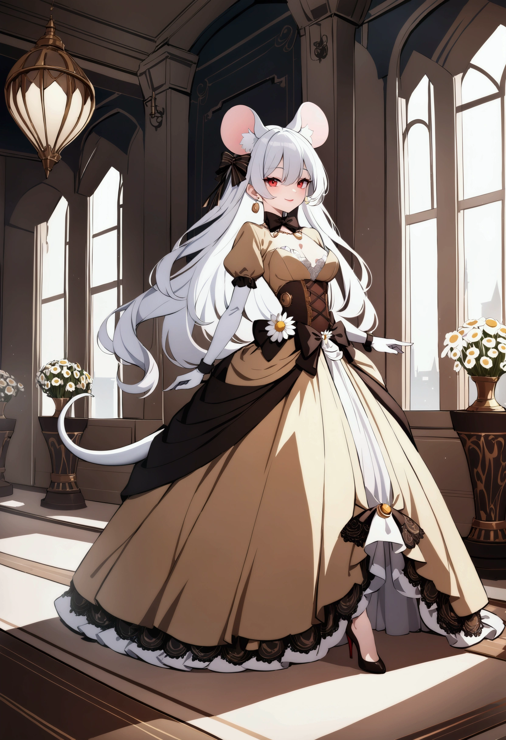 (best quality,4k,8k,highres,masterpiece:1.2), ultra-detailed, Pretty anthropomorphic mouse girl, drawn in anime style, steampunk, wearing a flowery yellow ball gown with puffy sleeves, steampunk, gorgeous frilly dress design,flowing gown,elaborate lace details,rich textures,contrast stitching,delicate ribbon bows,floral accents, daisy flowers embroidery, full skirt,short sleeves,fitted waistline,flared cuffs,lace-up back,luxurious fabrics,flawless silhouette, long curly white hair and red eyes, white fur, smiling, mouse ears and tail, high heels, white elbow gloves, earrings, gold bracelets, red lipstick, eyeshadow, seashell necklace, Standing in a castle ballroom in elegant pose.