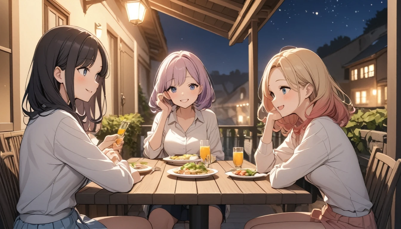 Three Women、Different hair colors、Talking around the table、smile、terrace、night