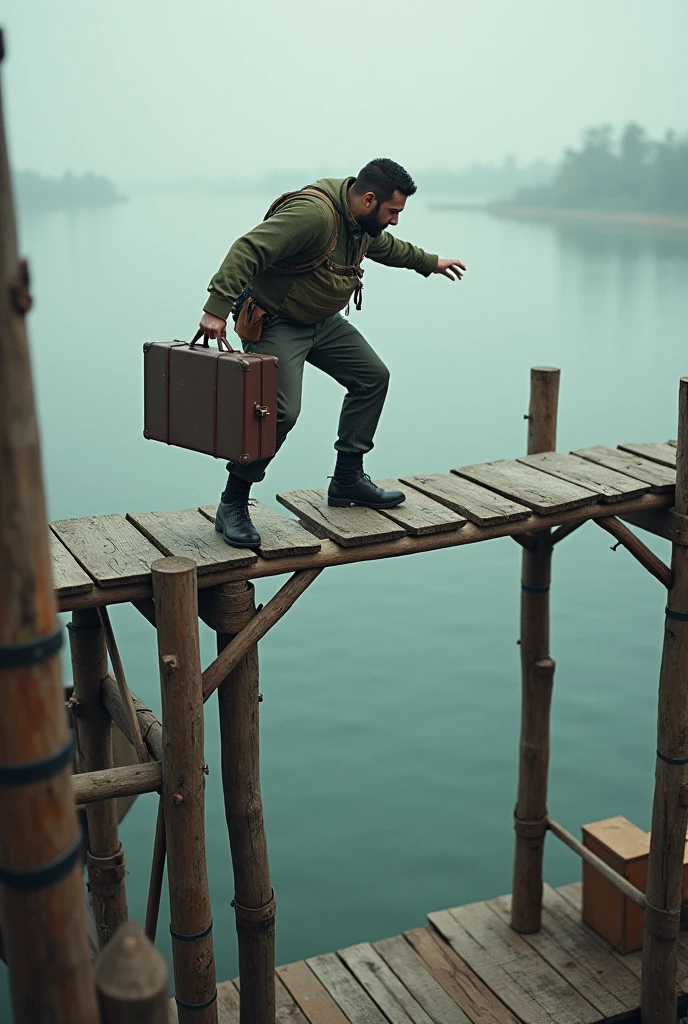 Man standing on a scaffold made of improvised planks that they had assembled for loading and, acid to a paral, He balanced the suitcase and stood up. With his gaze fixed on his object he calculated the distance between the plank and the bow., without stopping to analyze the possibility of successfully completing the feat he was about to undertake.. He stepped back to gain momentum and leapt with the agility of a well-trained soldier until he was planted on the hard deck., a few centimeters from the edge. He staggered and fell face downwards on the ancient rough wooden planks to avoid falling into the water..
