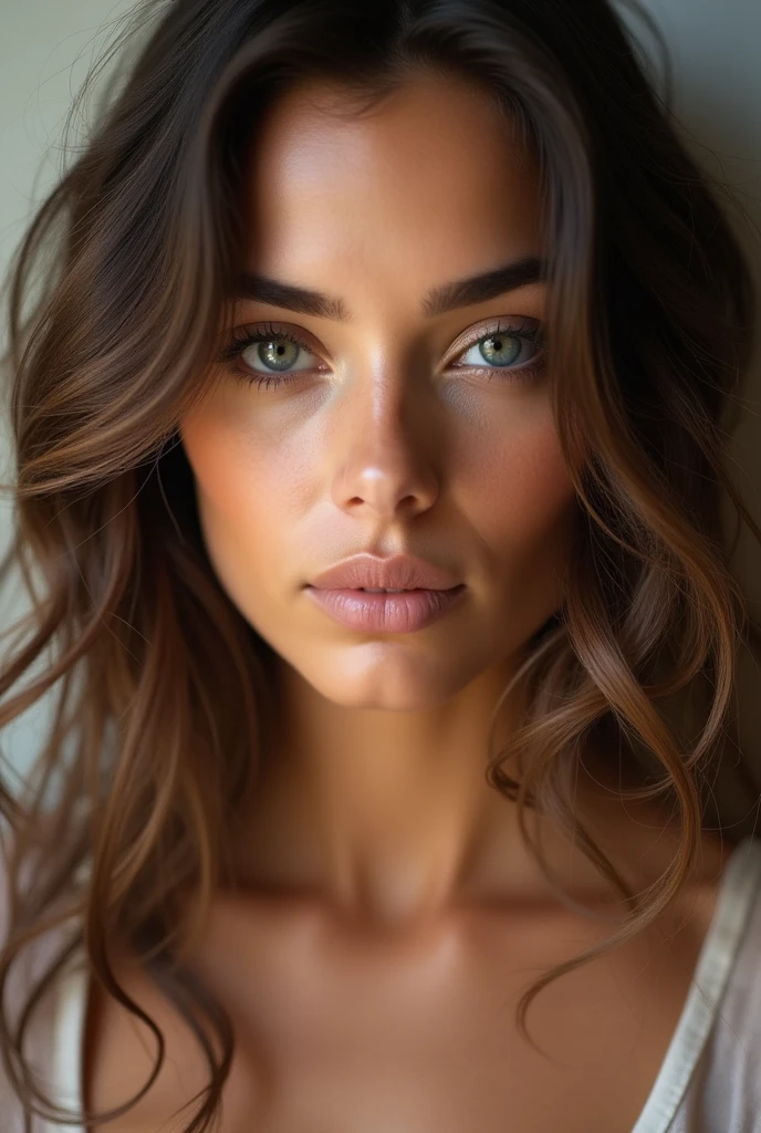 Je voudrais une photo portrait d’un visage d’une femme brune avec les cheveux ondulés, blue-green eyes, between 25 and 30 years old with tanned skin.