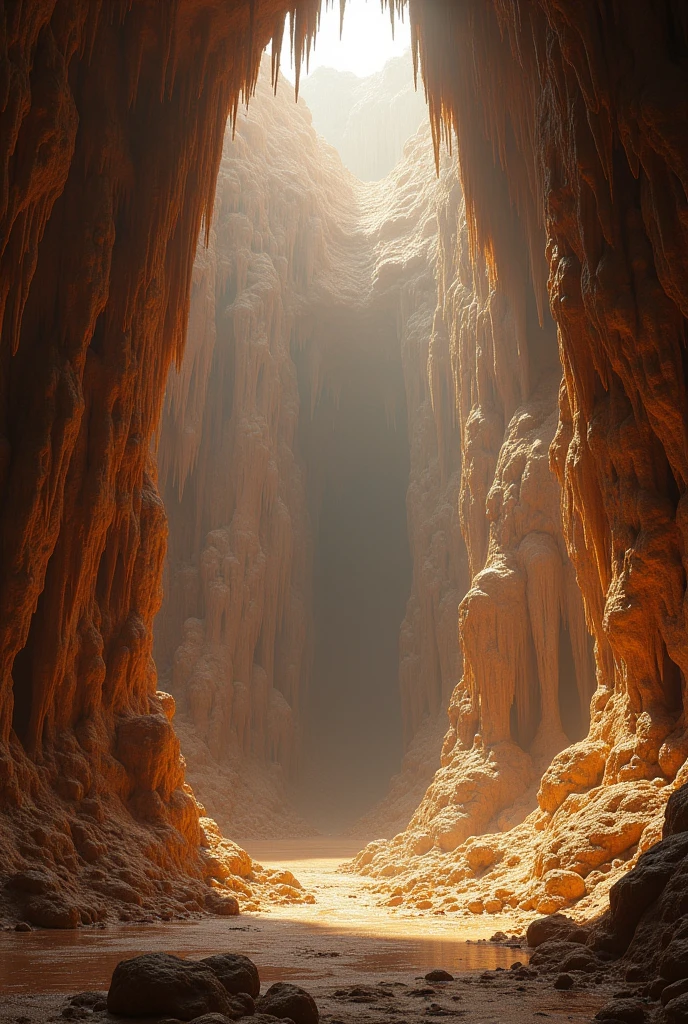 Giant cave in height and width, with light brown chocolate walls, with large dark honey-colored caramel stalactites and stalagmites, and with little natural light, and a little dark