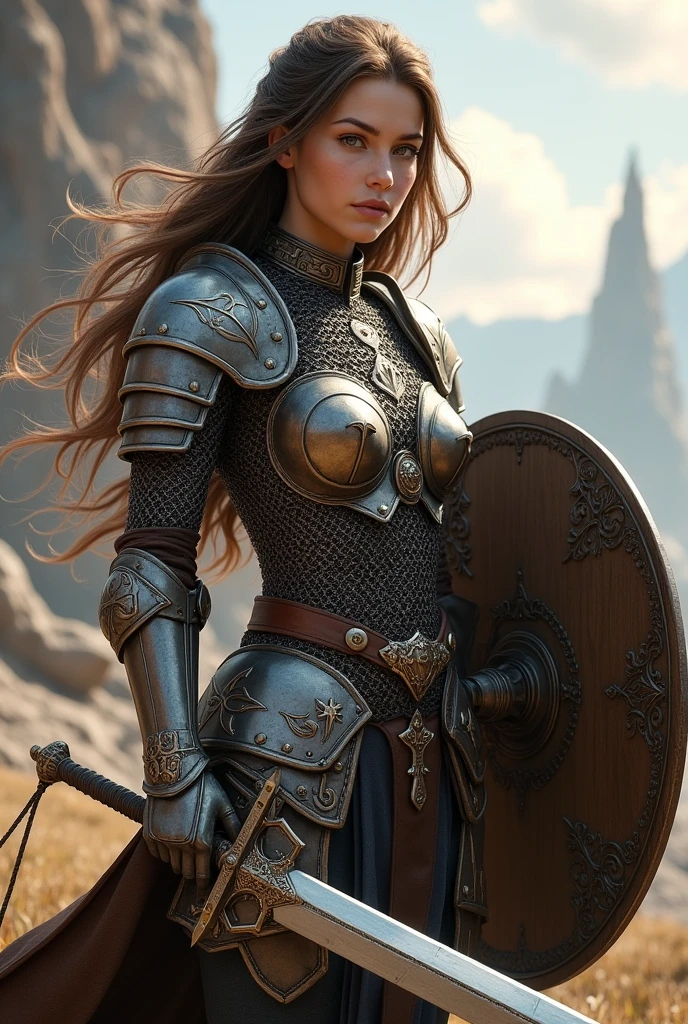 Generates an image of a beautiful young woman with an athletic body, with light brown eyes and brown hair. He wears a small chainmail armor, He carries a large sword and a shield