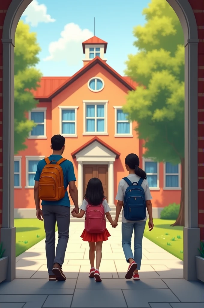 Design an image of a school in the background with a teacher at the entrance and a family on their way to school.. Dad is missing