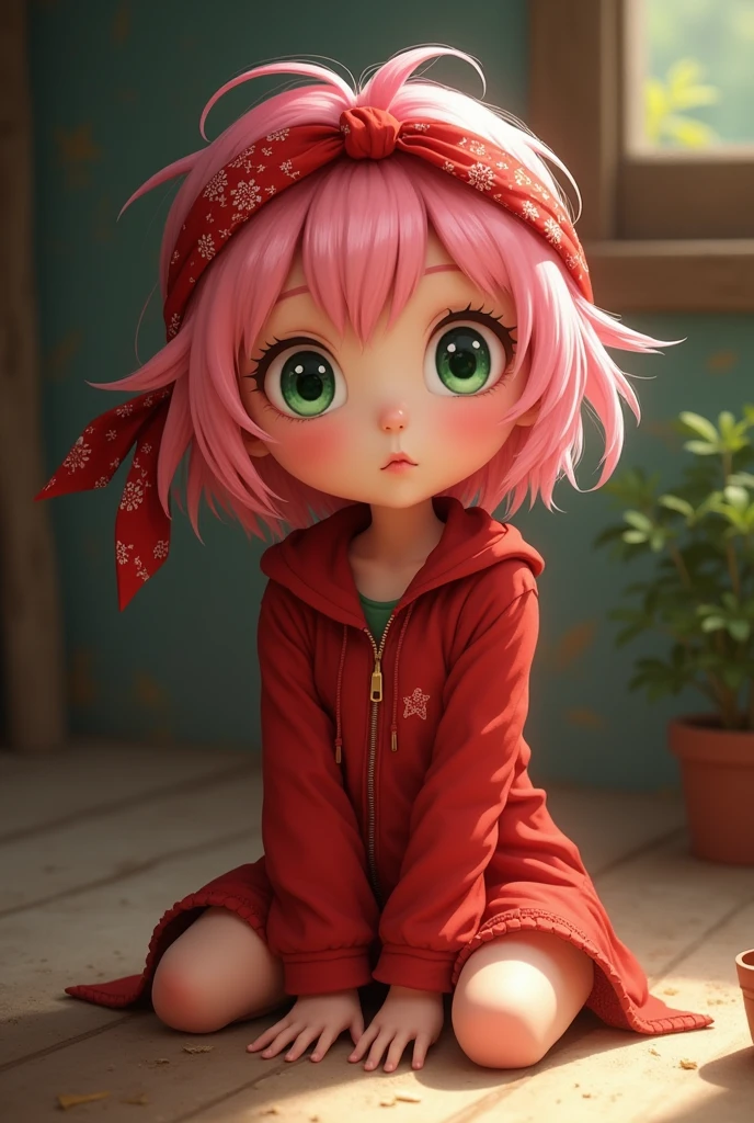 A pink-haired, red-clothed woman with green eyes sitting on the floor with a red bandana tied around her head and looking ten years old. 
