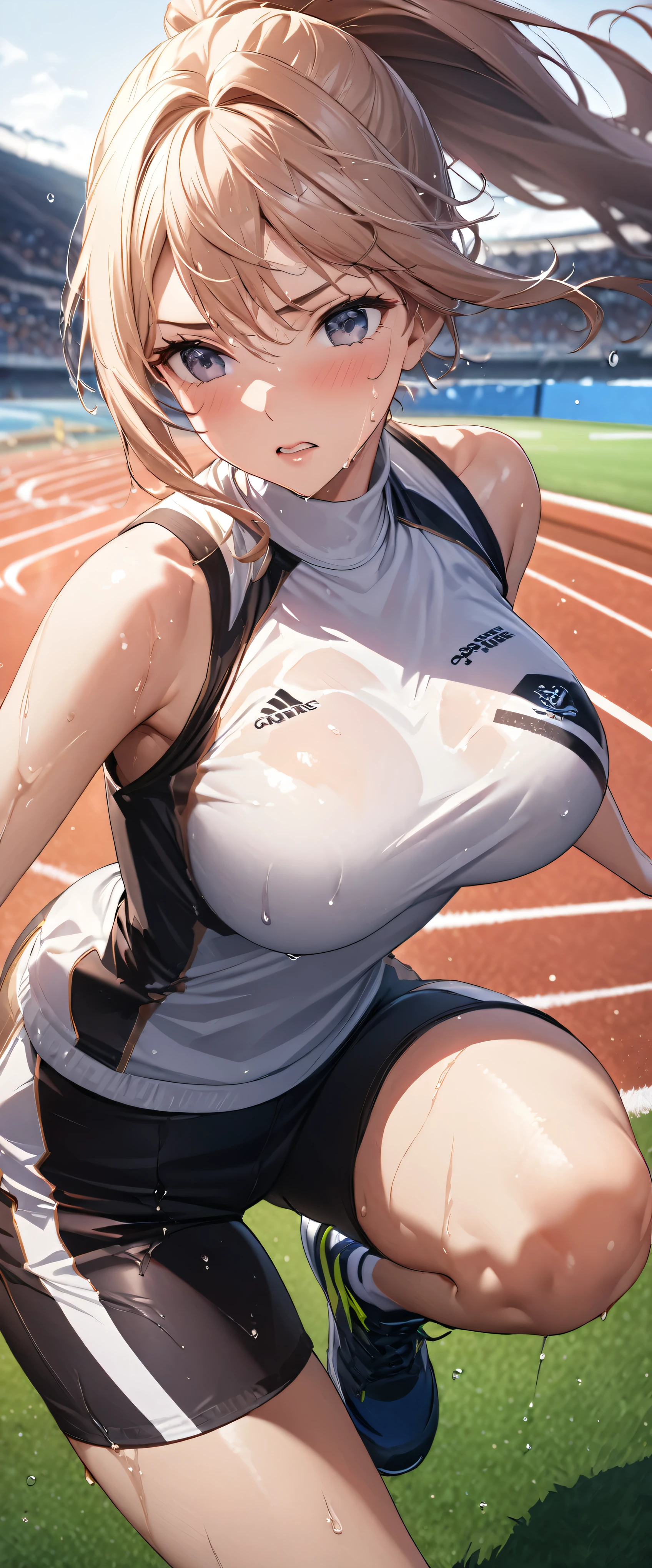 (((masterpiece)))、((Highest quality))、(Ultra-detailed)、(CG illustration)、(Very beautiful woman))、Cinematic Light、((1 Female))、 、(Beautiful and luxurious:1.2)、(One Woman:1.3)sports stadium,,((Track and field wear,Collarless sleeveless running shirt,Running Shorts)),Wet with sweat,Beautiful ponytail,Dynamic pose,,Fits perfectly against the skin,skinny,Big Breasts