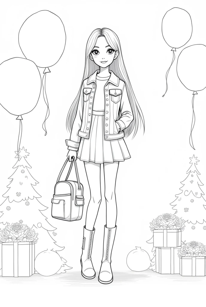Create an illustration for a children's coloring book, which can be used in the Zara store. Leave the clothes and background without color., so that children can color them to their liking. Girl holding a Zara bag. Her hair is long, She is wearing a short dress and a short denim jacket with the front open.. Crossbody Bag. She has high boots on her feet..
The background contains holiday elements - balloons, Garlands, Gift Boxes, Bouquet of peonies