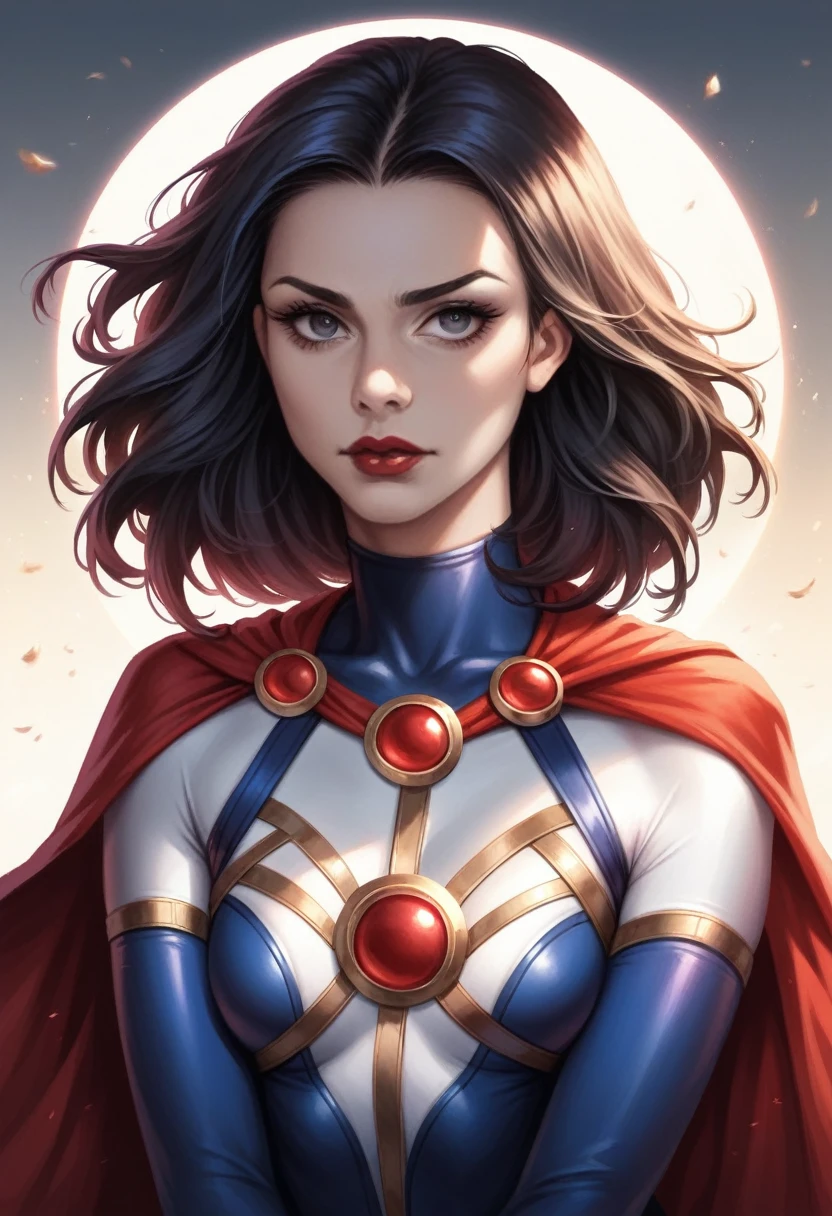 a beautiful superheroine raven, detailed face and eyes, long eyelashes, wavy black hair, red lips, intricate costume with cape, striking heroic pose, dynamic action, cinematic lighting, dramatic shadows, vibrant colors, digital art, concept art style, 4k, high quality, photorealistic