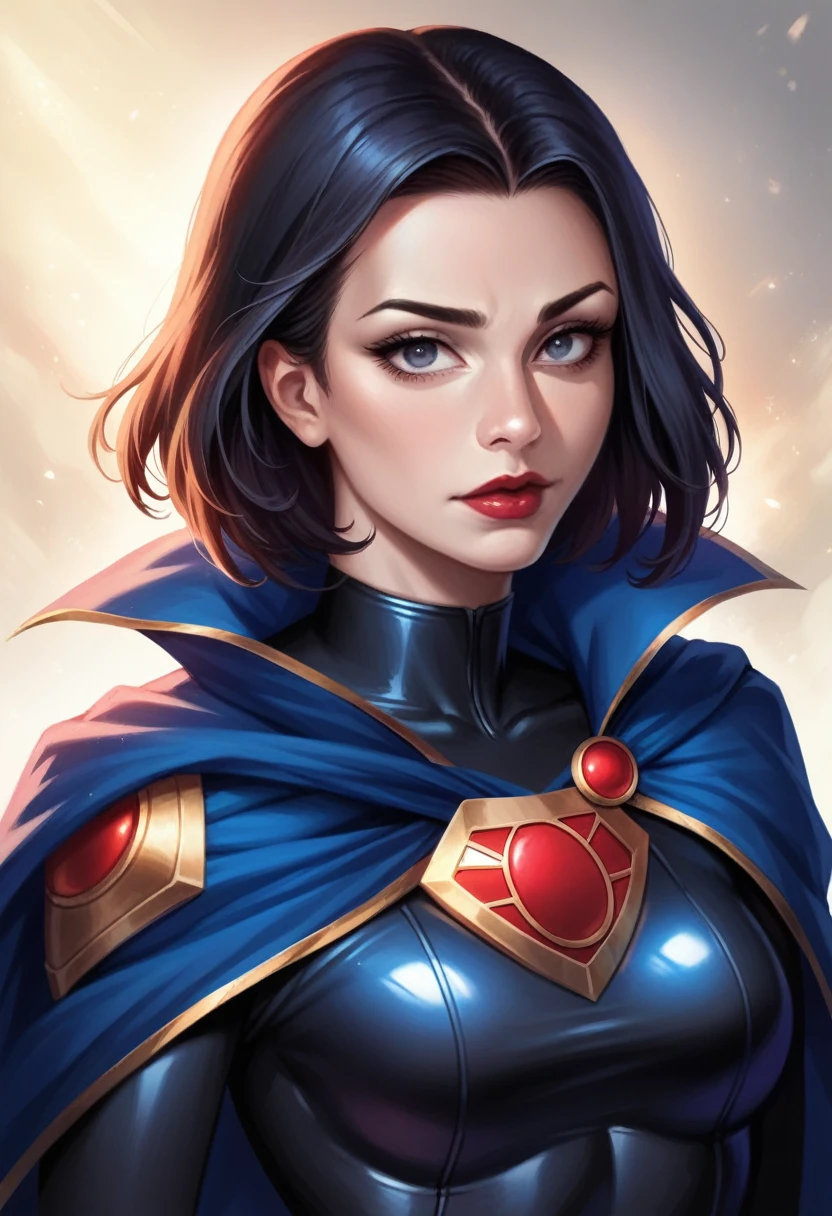 a beautiful superheroine raven, detailed face and eyes, long eyelashes, wavy black hair, red lips, intricate costume with cape, striking heroic pose, dynamic action, cinematic lighting, dramatic shadows, vibrant colors, digital art, concept art style, 4k, high quality, photorealistic