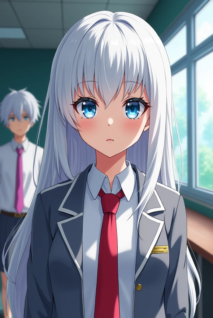 Girl with beautiful white hair and light blue eyes wearing a UA uniform (my hero academia) (The uniform is a white shirt over a grey jacket and a red tie in the background, a UA class) From my hero academia behind her is izuku midoriya and enjuto kirishima 

