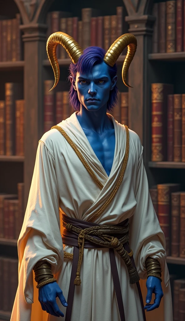 High-fantasy concept art. full body shot. Blue-skinned young slightly muscular male tiefling with smooth, clean shaven face. He has a prominent very sharply pointed chin, and swept back shoulder length dark purple hair. He has short sweeping golden ram horns. He is in a mystical, ancient library. He wears heavy sweeping white and gold robes. Golden hour. Soft, mystical light spills across the tiefling's facial features, accentuating his sharp jawline and horns. Intricate, leather-bound tomes line the shelves behind him. Warm, rich colors and atmospheric shadows. Best quality. Masterpiece. 8k resolution. Infinitely detailed. Dungeons and Dragons. Fantasy creatures. Mythical beings. High-fantasy worlds. Wizards of the Coast. Equipped warrior. Mystical auras. Leather armor. Sorcerous elements.