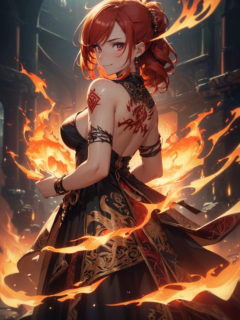 (((best quality, sharp image, clear image, cinematic lighting, 8k resolution, masterpiece, ultra detailed, intricate))) Girl, (((looking over left shoulder))), (shot from behind), fire mage, ((intricate background)), ((chaotic background)), red hair, smiling, ((flame runes, flame sigils)), (tatoo on back), slim figure, flying sigils, long dress, cute