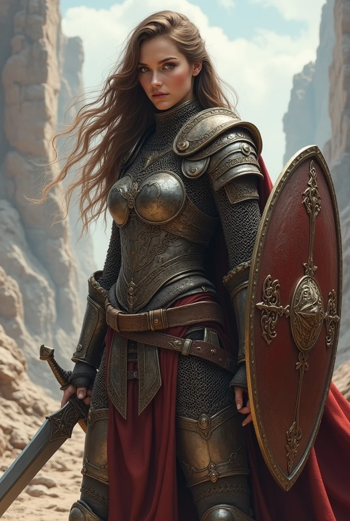 Generates an image of a beautiful young woman with an athletic body, with light brown eyes and brown hair. He wears a small chainmail armor, He carries a large sword and a shield