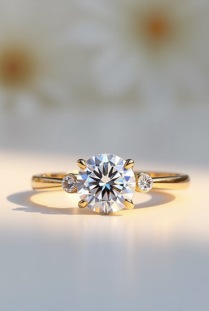 Generate an image showing a gold engagement ring with a 1 carat diamond..5 carats and the descriptions of the diamonds with the characteristics that look pretty, that look real, it is for an advertisement and at the bottom at the end in a corner, place it by: It rejoices