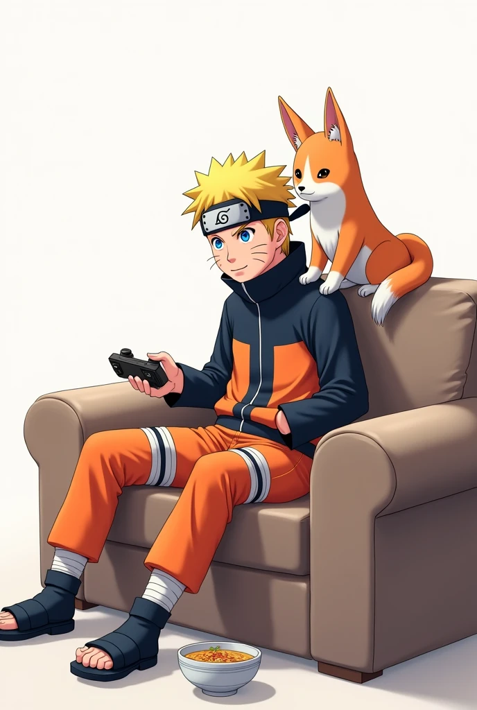 naruto sitting on the couch playing video games, kyuubi on his shoulder, ramen on the side, white background