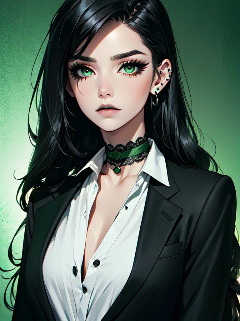 emo_hairstyle, ((tight black suit)), (black lace blazer), black tie, ((long hair)), ((straight hair)), (((black hair))), side swept bangs, white skin, pale, white, (green eye), tired expression, choker, ((dark makeup, mascara, eyeshadow)), multiple piercings, best quality, 8k, dark laboratory, dim lighting, white shirt, erotic, slytherin
