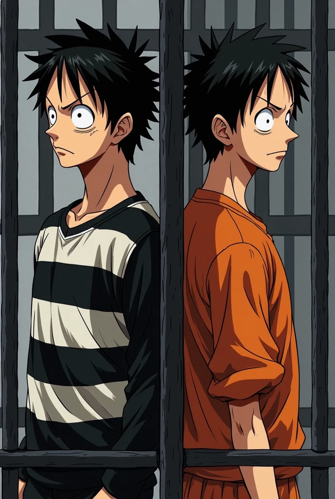 Monkey D. Luffy in a black and white striped long-sleeved prison uniform and Monkey D. .... Luffy in orange prison uniform Original anime One Piece