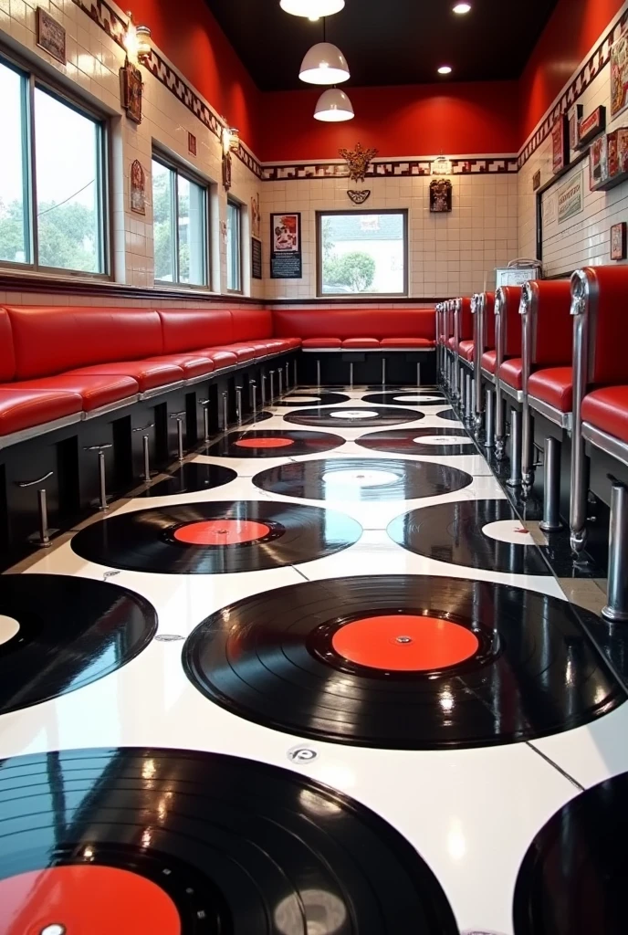 Show me a picture of a vinyl record style floor in a fast food restaurant.

