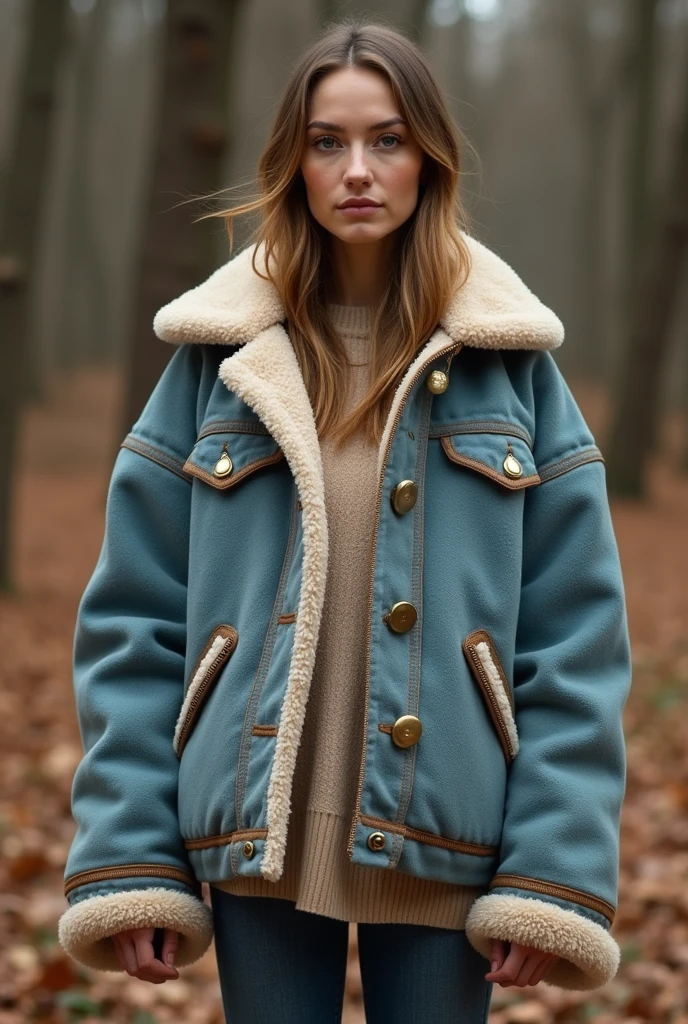 Women's closed jacket , with sleeves attached to the neck , baggy, Sherpa in blue and brown