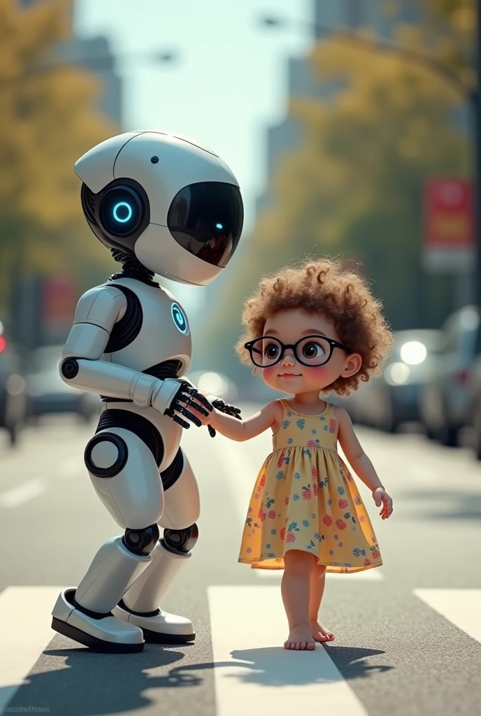 Robot helping cute  eyes closed with black glasses  child  to walk carefully in  road crossing..she wears cute frock