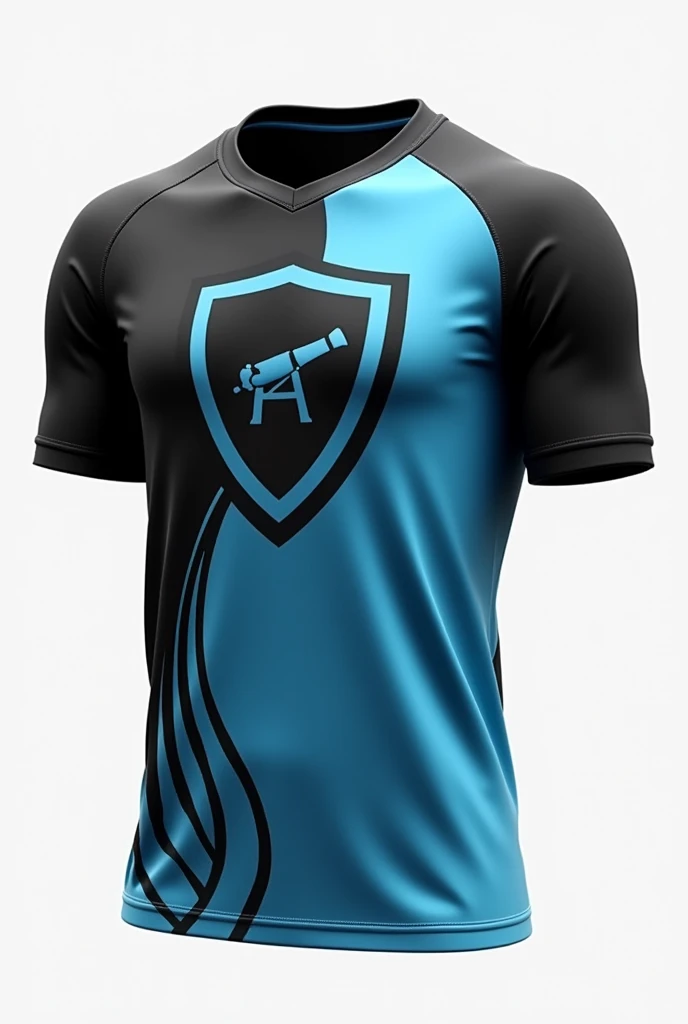 Men's volleyball shirt in black and baby blue with a gradient with a cannon inside the shirt shield on the left side and waves on the lower left side, minimalist let more time