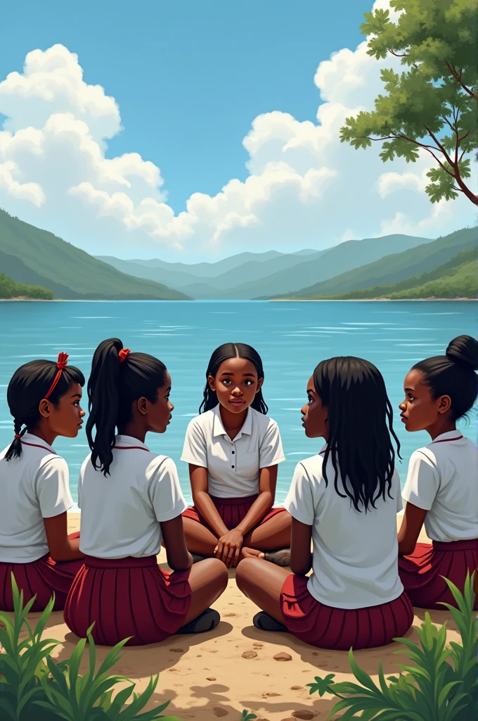 The image features a group of young African school girls of various skin tones, wearing school uniforms, gathered at the beautiful lake shore of Malawi. They are engaged in a play that tackles issues of climate change. They are sat in a circle. The sky is clear with a few fluffy clouds. The girls are ready to share their ideas about the play.