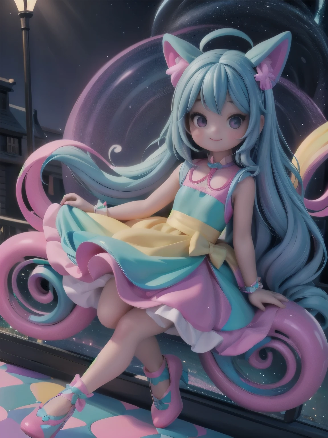 a cute kawaii girl riding a (bicycle) , night scene, fantasy wolrd style, candy world, magical dress, pumps, cristal rainbow road