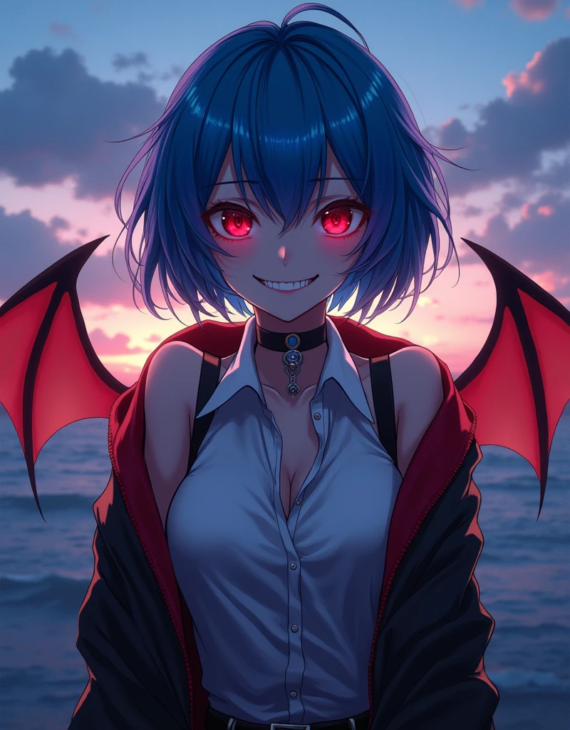 unparalleled "Tiny Waist" miling minchen (((remilia scarlet))), (bat wings), (vampire), short hair, (((blue hair))), ((standing)), ((((face close up)))), ((jacket, taut shirt)), evil smile,, sunset, a unparalleled young man with long black hair and a vest on insane nsfw standing in front of the ocean with a blue sky, (1girl:0.955), (bangs:0.575), (black eyes:0.572), (black hair:0.709), (blue sky:0.985), (closed mouth:0.536), (cloud:0.927), (day:0.980), (horizon:0.816), (japanese clothes:0.511), (lips:0.764), (long hair:0.775), (looking at viewer:0.811), (nose:0.534), (ocean:0.950), (outdoors:0.734), (realistic:0.814), (sky:0.988), (solo:0.937), (upper body:0.557), (water:0.600), aburdes, balanced eyes, (insane Best quality details:1.2),ultra realistic,8K ultra High definition,Ultra Detailed,ultra High quality texture,intricate details,ultra highdef detailed texture, finely detailed, ultra high detail, extremely detailed high quality texture cg, ultra high quality shadowasterpiece,max best quality, insane illustrations, ultra-detailed 16K, ultra realistic, clear focus, ultra highly detailed, professional lighting, dslr colorful details, iridescent colors BREAK factory super long lens, large mechanical robot structure, microchips, computers, luminescence, intricate details, Shitu-Mecha, (navel), (huge breasts:1.2), (green bikini:1.4), blonde hair, short hair, full body, physically-based rendering,professional,studio sunlighting,extreme detail description,nsfw,massif high saturate.varies,multi,etc. --v 6 --s 1000 --c 20 --q 500 --chaos 100