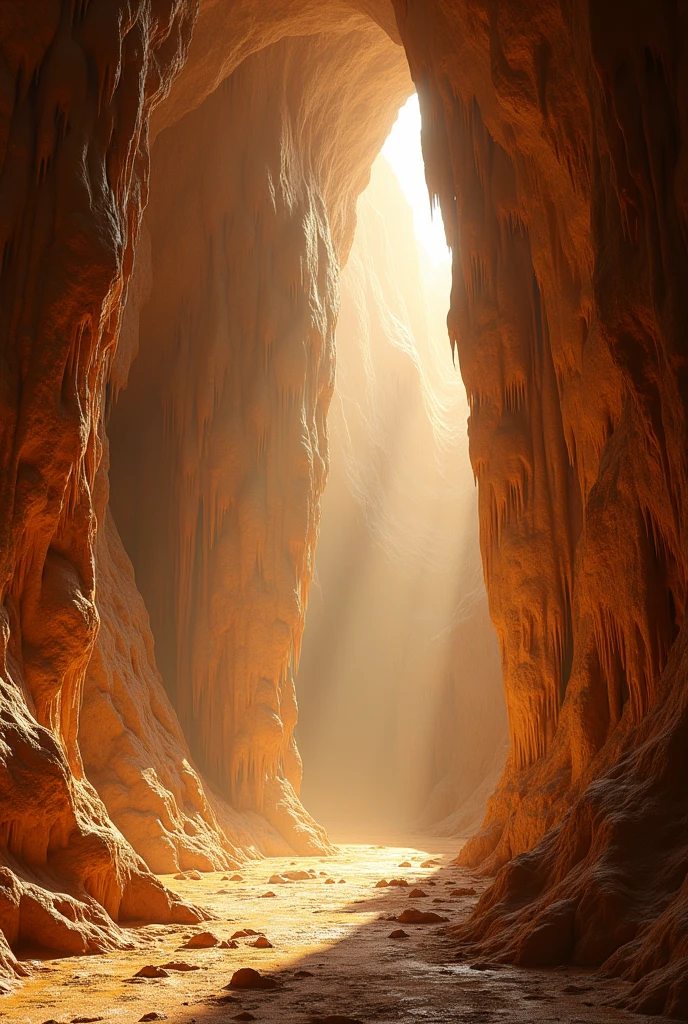 Giant cave in height and width, with light brown chocolate walls, with large dark honey-colored caramel stalactites and stalagmites, and with little natural light, and a little dark and without entrance, underground cave without entrances