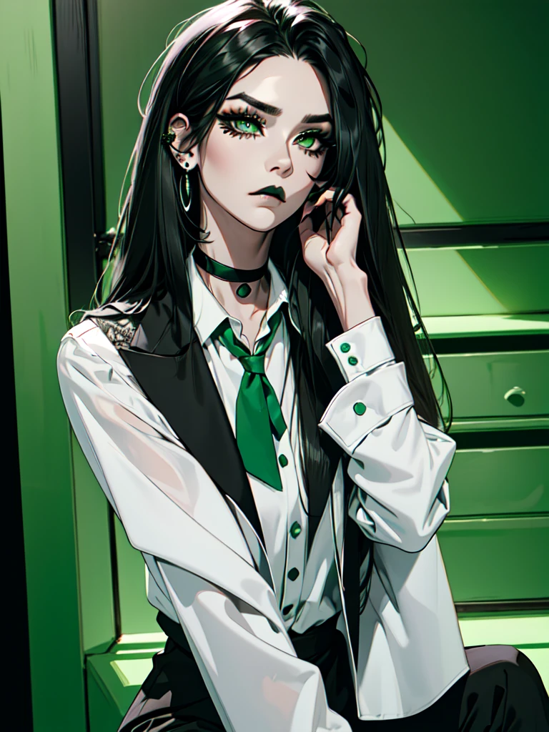 emo_hairstyle, ((tight black suit)), (black lace blazer), black tie, ((long hair)), ((straight hair)), (((black hair))), side swept bangs, white skin, pale, white, (green eye), tired expression, choker, ((dark makeup, mascara, eyeshadow)), multiple piercings, best quality, 8k, dark laboratory, dim lighting, white shirt, erotic, slytherin
