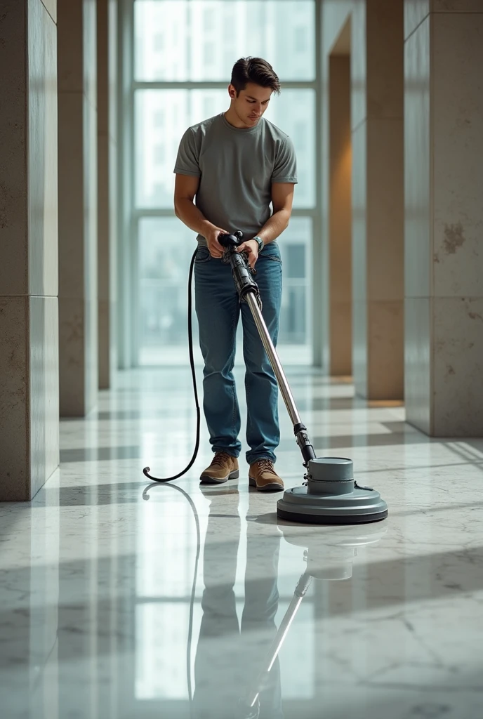 Young man polishing a granite floor 