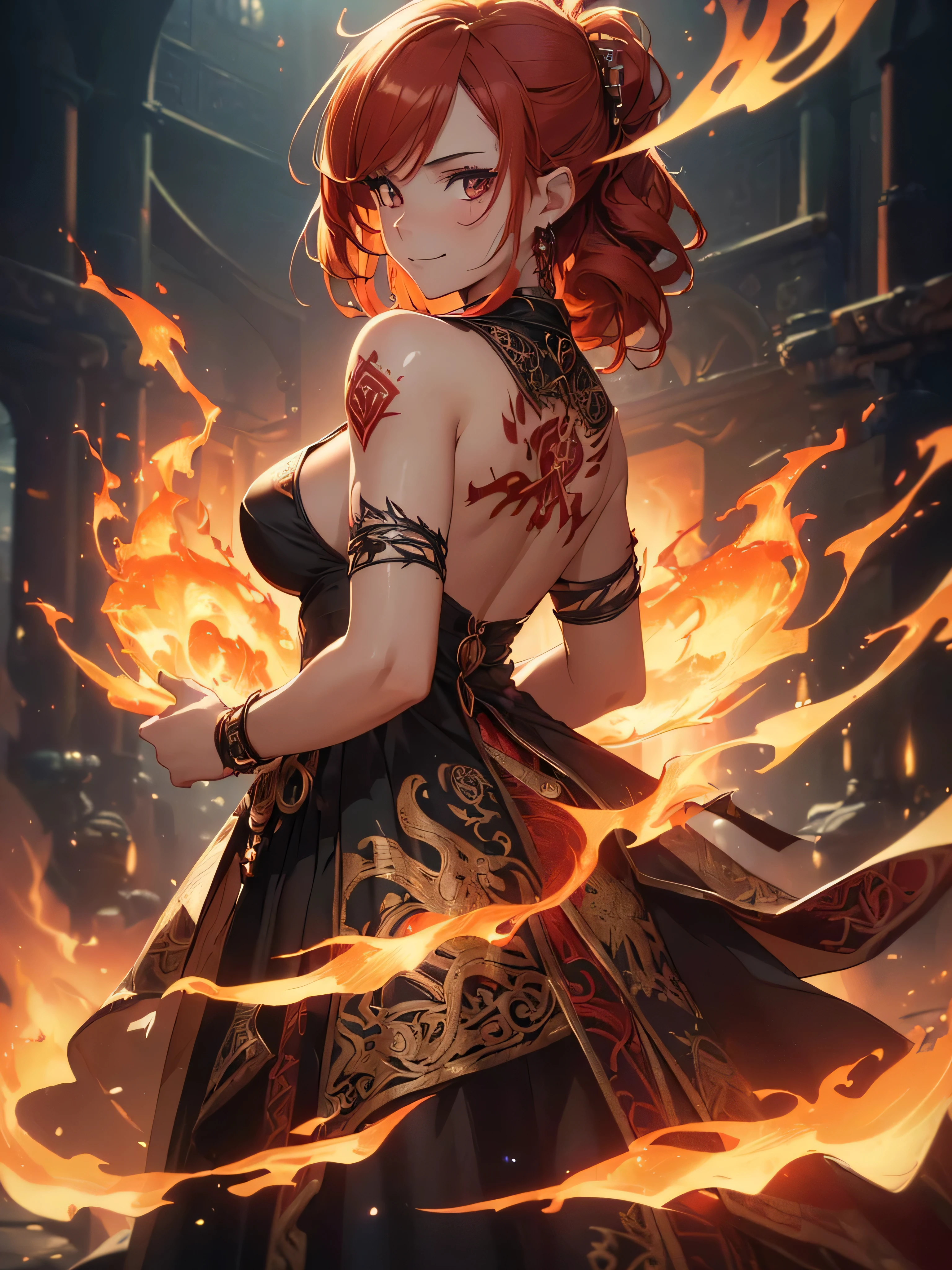 (((best quality, sharp image, clear image, cinematic lighting, 8k resolution, masterpiece, ultra detailed, intricate))) Girl, (((looking over left shoulder))), (shot from behind), fire mage, ((intricate background)), ((chaotic background)), red hair, smiling, ((flame runes, flame sigils)), (tatoo on back), slim figure, flying sigils, long dress, cute