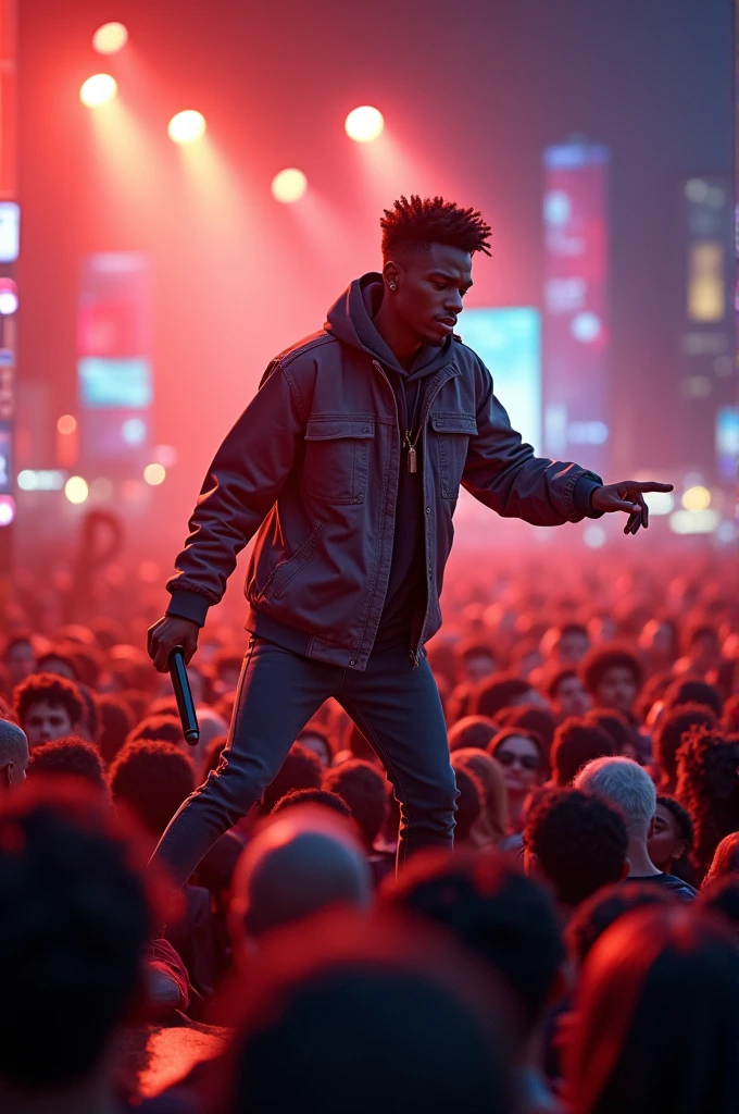 A young black rapper performing on stage, with bright spotlights shining, a lively crowd in front and a backdrop of a colorful city skyline at night.