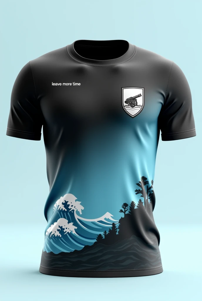 Men's volleyball shirt in black and baby blue with a gradient with a cannon inside the shirt shield on the left side and waves on the lower left side, minimalist leave more time with the shield aside