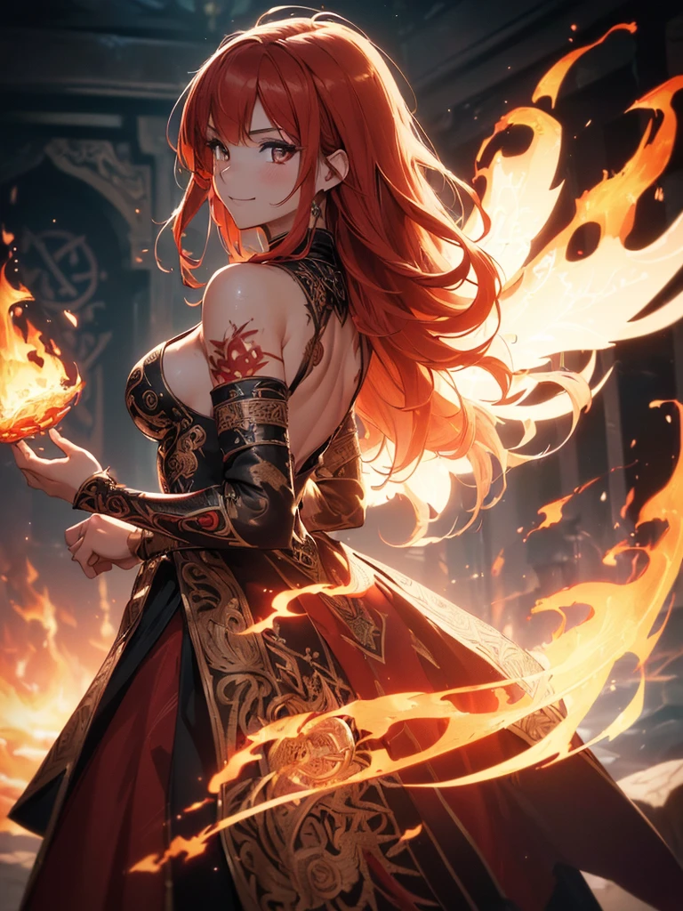 (((best quality, sharp image, clear image, cinematic lighting, 8k resolution, masterpiece, ultra detailed, intricate))) Girl, (((looking over left shoulder))), (shot from behind), fire mage, ((intricate background)), ((chaotic background)), red hair, smiling, ((flame runes, flame sigils)), (tatoo on back), slim figure, flying sigils, long dress, cute