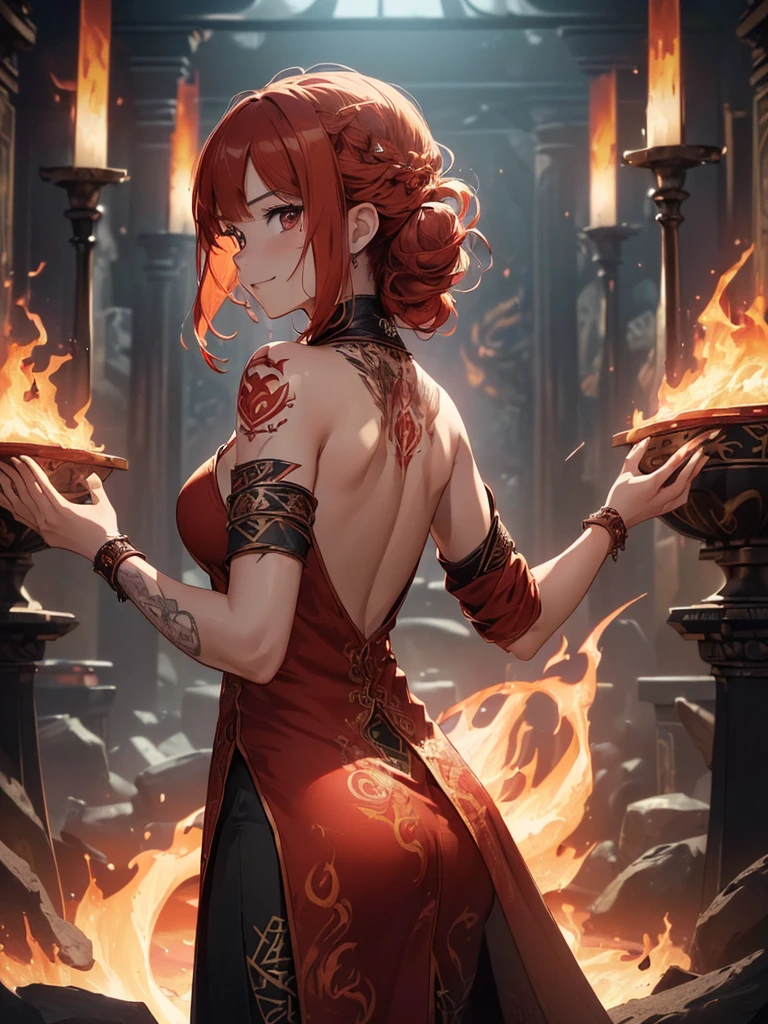 (((best quality, sharp image, clear image, cinematic lighting, 8k resolution, masterpiece, ultra detailed, intricate))) Girl, (((looking over left shoulder))), (shot from behind), fire mage, ((intricate background)), ((chaotic background)), red hair, smiling, ((flame runes, flame sigils)), (tatoo on back), slim figure, flying sigils, long dress, cute