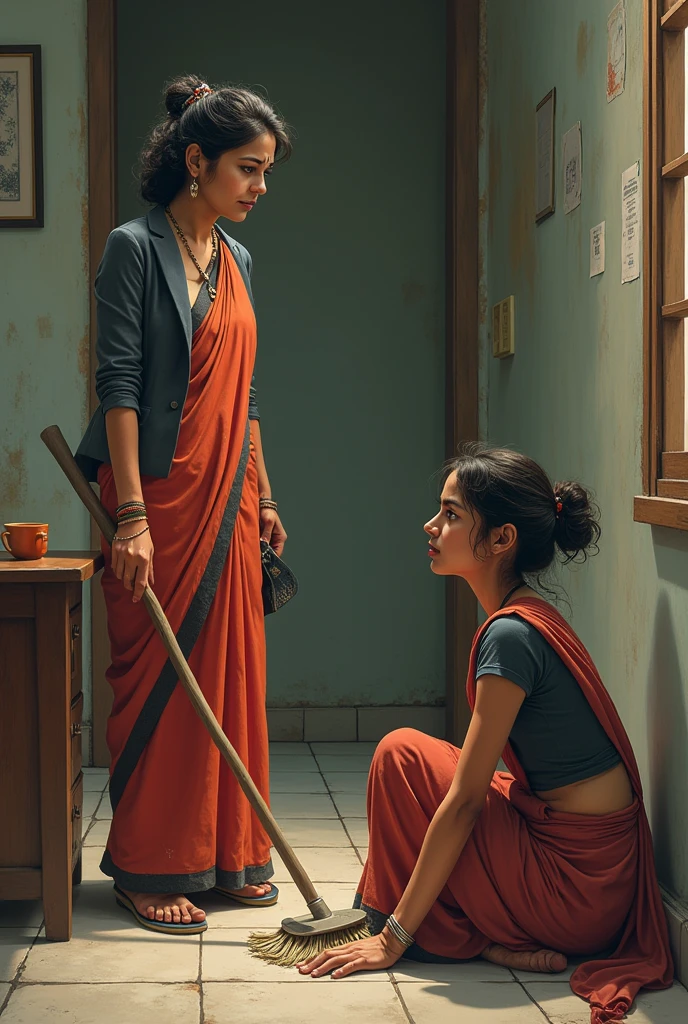 Maid talking with housewife, maid is cleaning the house floor and Housewife is standing a little distance from maid, maid has weard sari and housewife has weard blazzer, maid is a little angry
,Maid looks like a poor woman, she is cleaning the floor by sitting on the floor,  housewife standing beside her,  both are talking 