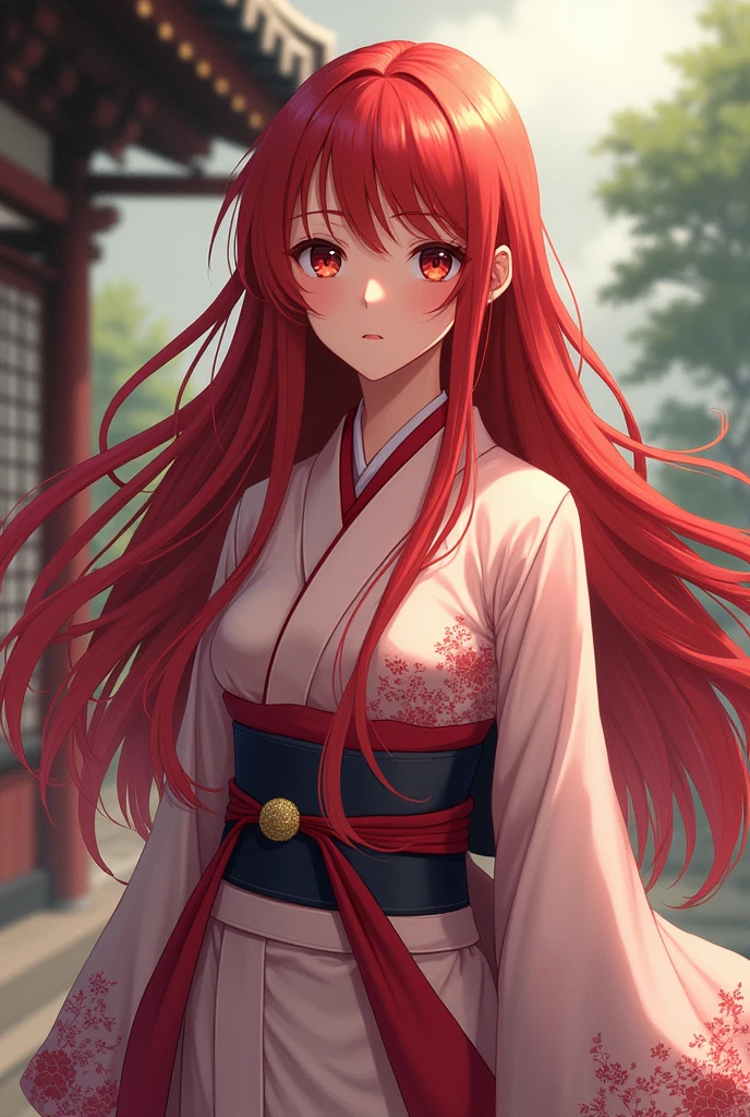 Create a female character from my hero academia With long red hair Dressed in a kimono Big eyes