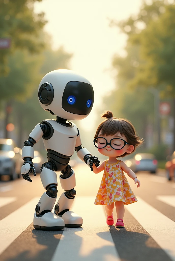 Robot helping cute  eyes closed with black glasses  child  to walk carefully in  road crossing..she wears cute frock. Her eyes are closed