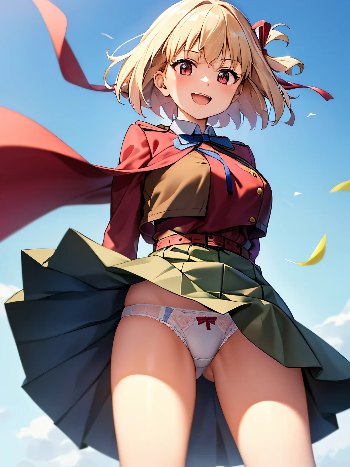 Chisato、Red ribbon、Uniform sake、Two-tone dress、Gradeless、Pleated dress、belt、Says Obi、Neck ribbon、Blue Ribbon、Long sleeve、smile、Licorice Uniform、Two-tone dress、Gradeless、Pleated dress、belt、赤いbelt、Neck ribbon、Blue Ribbon、Long sleeve、Looking at the audience,White ribbon panties、White ribbon panties visible,Naughty big、big breasts attention、H Cup、White underwear、(Wind、Wind lift、Skirt lifted by the Wind、Skirt rolled up by the Wind、Skirt flutters:1.5)、(Full-fledged panties:1.5)、(White panties:1.5)、(Are standing:1.7), (Perfect hands, Perfect Anatomy),