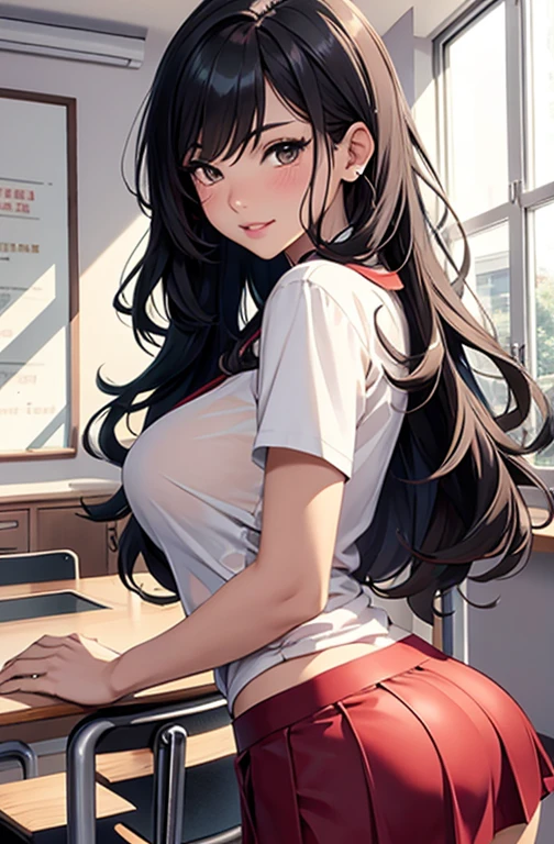masterpiece, best quality, best lighting, shadows, perfect anatomy, 1 girl, adult anime girl, 21 years old, mature features, showing tits, bitchy face, pretty lips, pretty eyes, black wavy hair, black eyes, seductive eyes, blushing, flirty, pretty smile, tiny red skirt, wet white tight shirt, classroom background, ass, breast, thighs, seductive, spicy, hot, flirty, nsfw,