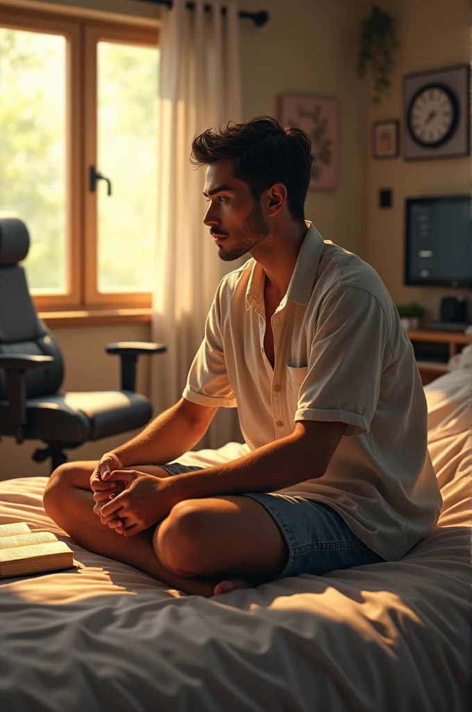 (fitorealizmo:1.2), homem bonito, sentado na cama, vestindo blusa larga, short jeans, cabelos curtos, dentro de casa, not book no colo, iluminação suave, cadeira de gamer ao fundo, janelas com luz solar, quarto aconchegante, pose concentrado, detalhes intrincados, cores quentes, de Greg Rutkowski, de Alphonse Murcha