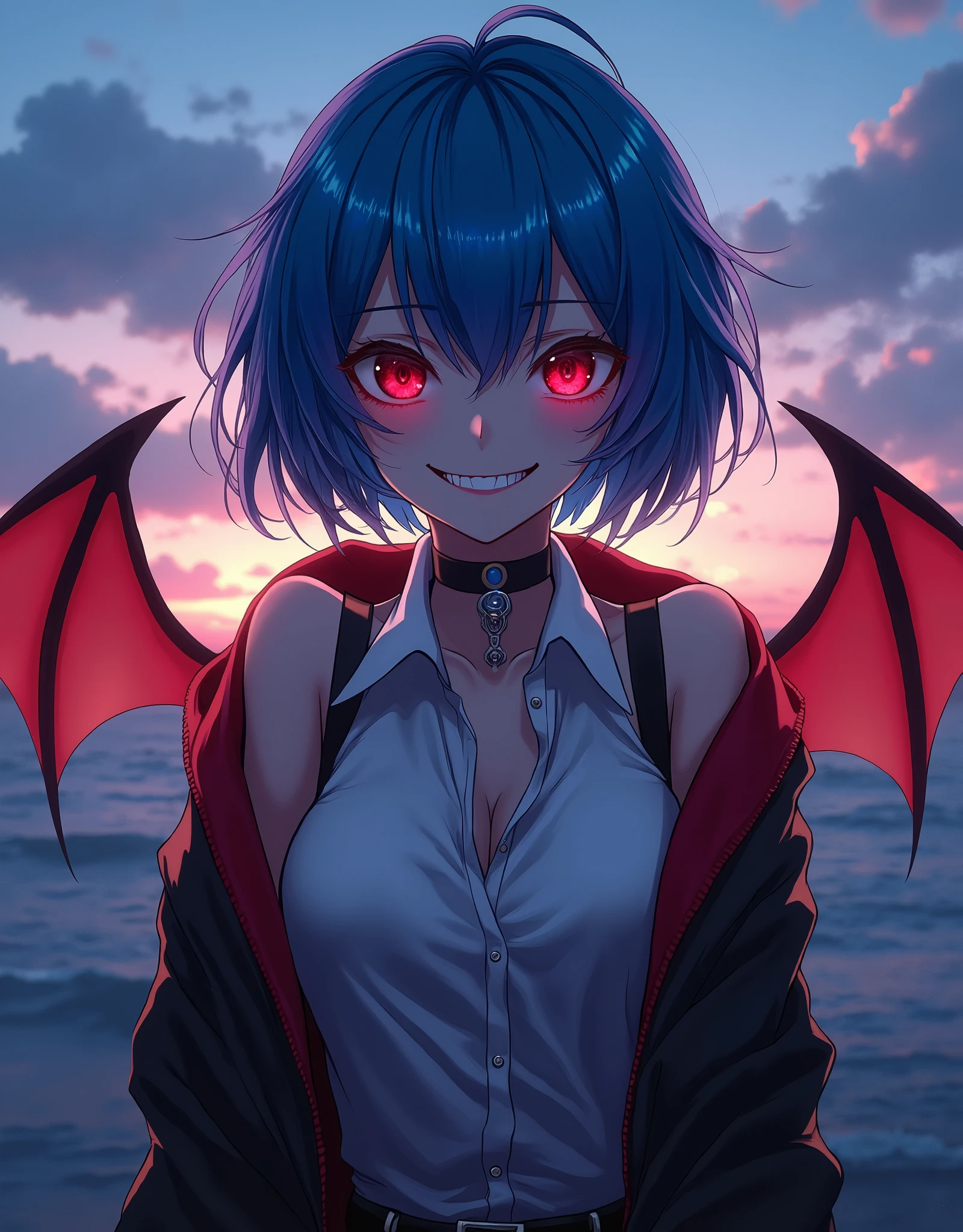 unparalleled "Tiny Waist" miling minchen (((remilia scarlet))), (bat wings), (vampire), short hair, (((blue hair))), ((standing)), ((((face close up)))), ((jacket, taut shirt)), evil smile,, sunset, a unparalleled young man with long black hair and a vest on insane nsfw standing in front of the ocean with a blue sky, (1girl:0.955), (bangs:0.575), (black eyes:0.572), (black hair:0.709), (blue sky:0.985), (closed mouth:0.536), (cloud:0.927), (day:0.980), (horizon:0.816), (japanese clothes:0.511), (lips:0.764), (long hair:0.775), (looking at viewer:0.811), (nose:0.534), (ocean:0.950), (outdoors:0.734), (realistic:0.814), (sky:0.988), (solo:0.937), (upper body:0.557), (water:0.600), aburdes, balanced eyes, (insane Best quality details:1.2),ultra realistic,8K ultra High definition,Ultra Detailed,ultra High quality texture,intricate details,ultra highdef detailed texture, finely detailed, ultra high detail, extremely detailed high quality texture cg, ultra high quality shadowasterpiece,max best quality, insane illustrations, ultra-detailed 16K, ultra realistic, clear focus, ultra highly detailed, professional lighting, dslr colorful details, iridescent colors BREAK factory super long lens, large mechanical robot structure, microchips, computers, luminescence, intricate details, Shitu-Mecha, (navel), (huge breasts:1.2), (green bikini:1.4), blonde hair, short hair, full body, physically-based rendering,professional,studio sunlighting,extreme detail description,nsfw,massif high saturate.varies,multi,etc. --v 6 --s 1000 --c 20 --q 500 --chaos 100