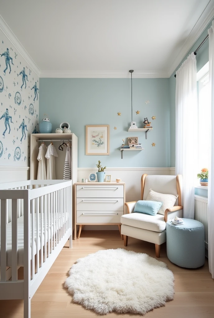 O quarto de bebê é encantador com tema de astronautas, apresentando paredes brancas com detalhes azuis e estrelas. O papel de parede exibe astronautas e luas, criando um ambiente lúdico. Mobiliado com um berço, cômoda, poltrona de amamentação e um closet, o quarto pequeno conta com quadros, prateleiras, iluminação suave, tapete e cortinas brancas, resultando em um espaço acolhedor e bem decorado.