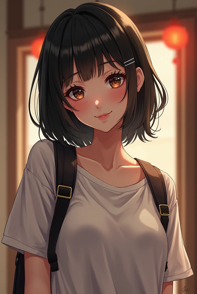 1girl, masterpiece, best quality,looking at viewer, ,oversized t-shirt,front view,smile,black hair, headphine, indoors,brown eyes,center, smile, wearing randoseru backpack, bulge, cloth bulge, (:1.0), 20 y.o